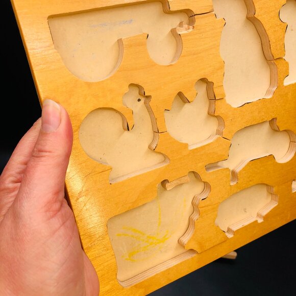 Vintage 70s SIMPLEX TOYS Wood Tray Puzzle: Farmer & Animals, Made in Holland - Picture 10 of 10